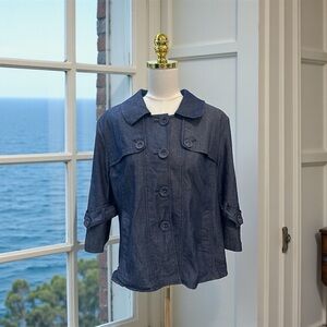 Sandro Sportswear Blue/Gray Denim Cotton Blend Blazer Bell 3/4 Sleeve Sz XL